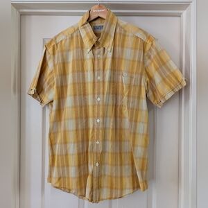 Vintage Lucky Brand Dungarees By Gene Montesano USA Large Yellow Print Buttonup